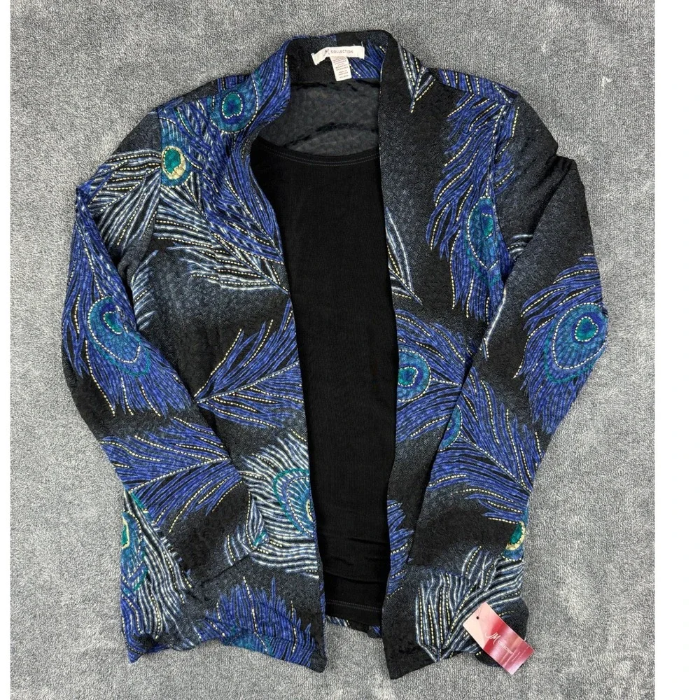 JM Collection Women Peacock Feather Print Open Front Cardigan Jacket Black Small